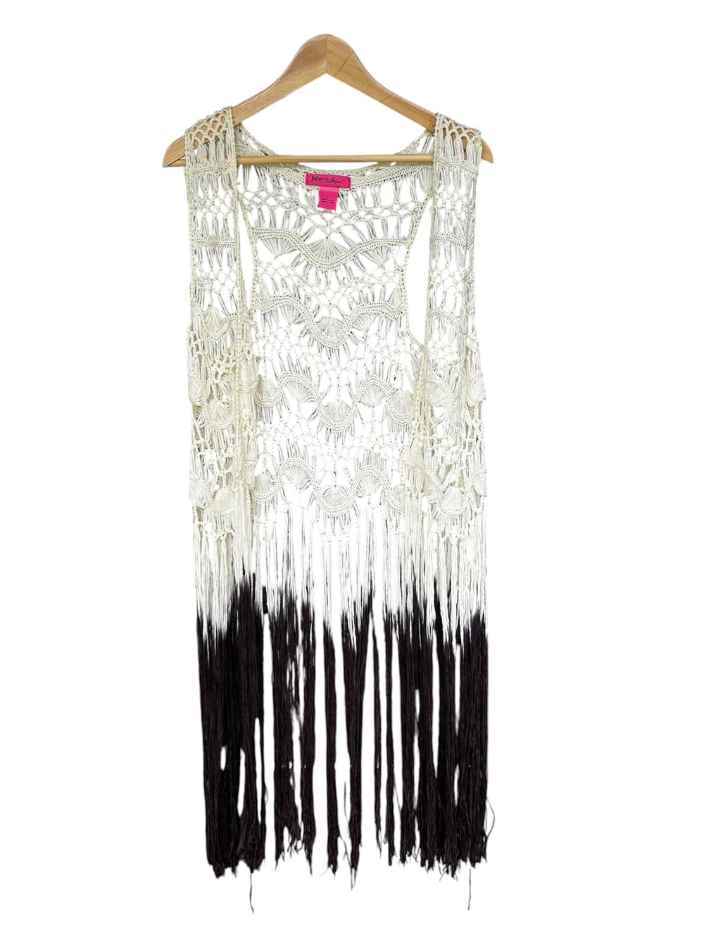 Betsey Johnson Sweater Womens One Size Crochet Fringe Open Duster Boho Festival